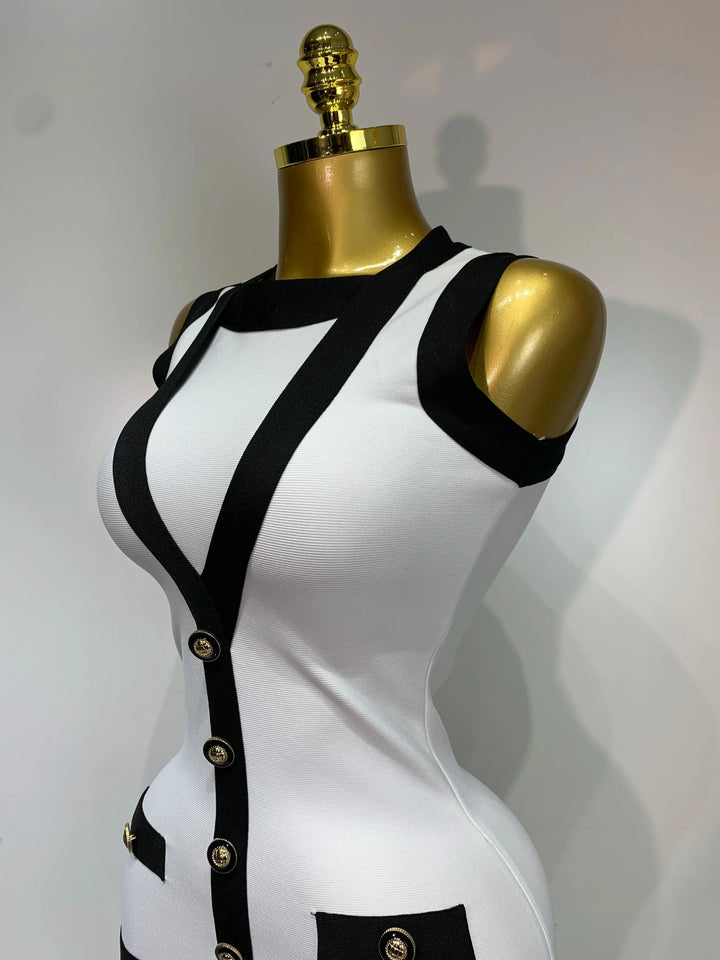 Levoire | Sexy Dos Nu Noir Blanc Bouton Mini Bandage Robe Courte
