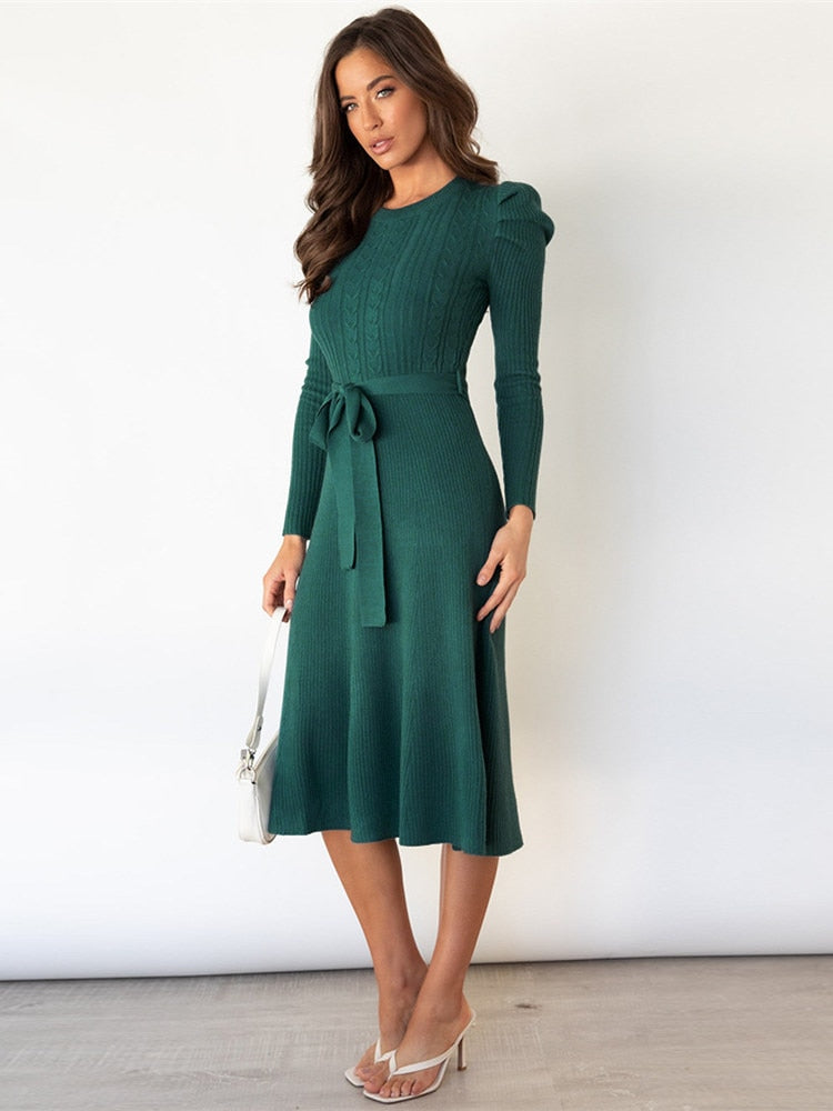 Levoire | Robe Midi Tricotée Élégante Avec Ceinture Pour Femmes
