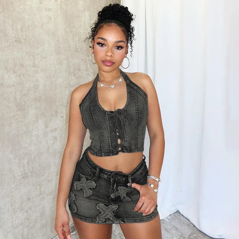 Levoire | Crop Top En Denim Brodé Mini Micro Y2K Jupe Corset Ensemble À Lacets