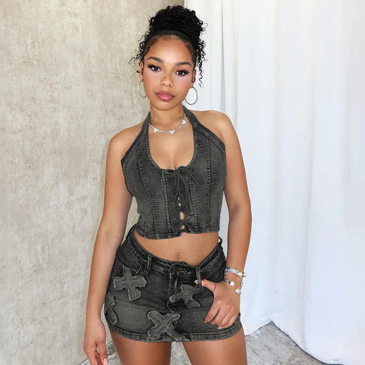 Levoire | Crop Top En Denim Brodé Mini Micro Y2K Jupe Corset Ensemble À Lacets