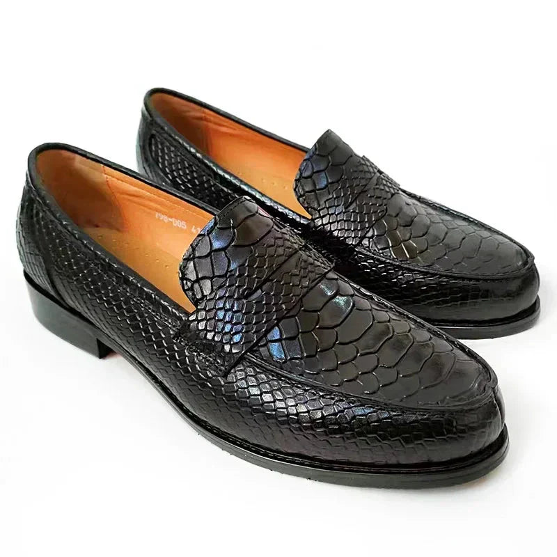 Levoire | Mocassins De Luxe En Cuir Noir Avec Imprimé En Peau De Serpent Noir