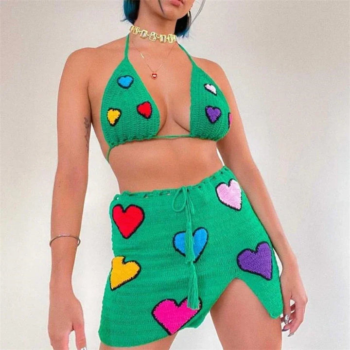Levoire | Top En Crochet Tricoté Et Ensemble Jupe Love-Fleur Au Design Élégant amour vert