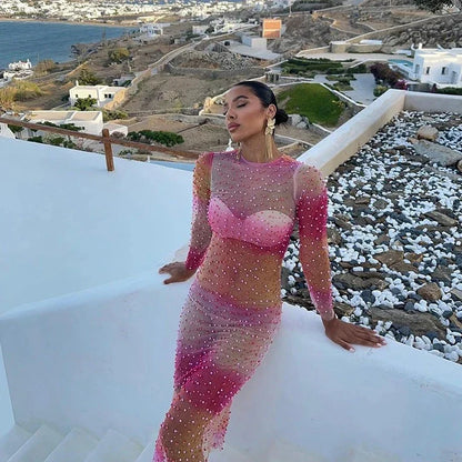 Levoire | Robe Longue À Manches Longues En Perle Filet Rose