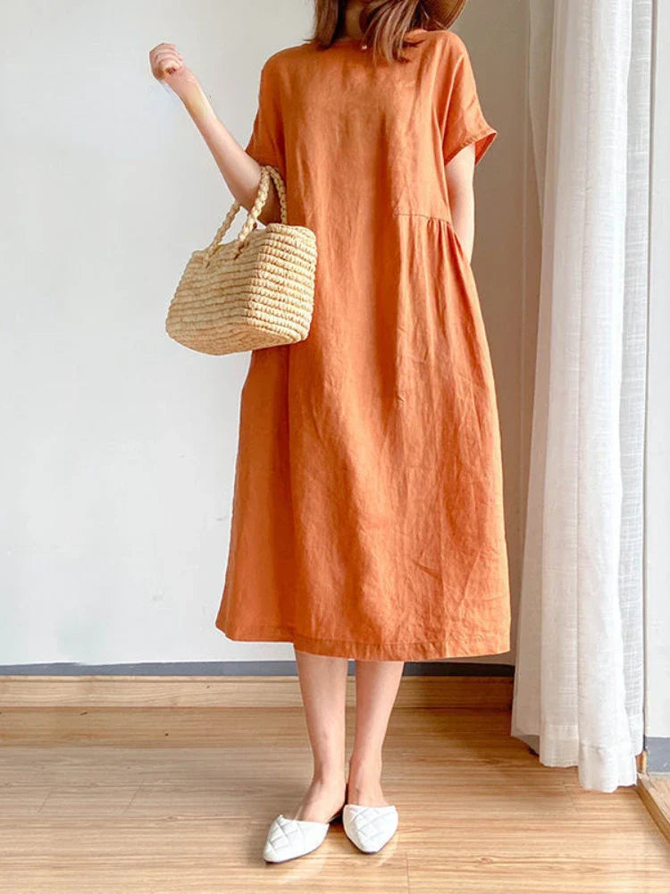 Levoire | Robe Midi Unie En Coton Et Lin Orange