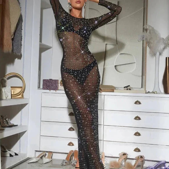 Levoire | Robe Maxi À Manches Longues En Maille Transparente Avec Fente Et Strass