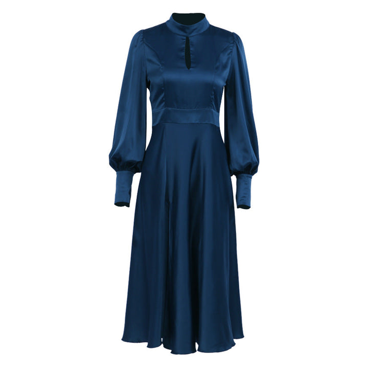 Levoire | Robe Bleu Marine Satin Manches Lanternes