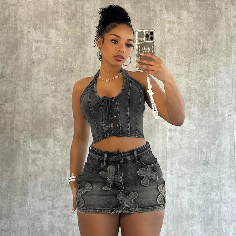 Levoire | Crop Top En Denim Brodé Mini Micro Y2K Jupe Corset Ensemble À Lacets