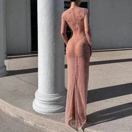 Levoire | Robe Maxi En Maille Transparente Avec Fente Et Strass Scintillants À Manches Longues Pour Une Occasion Spéciale