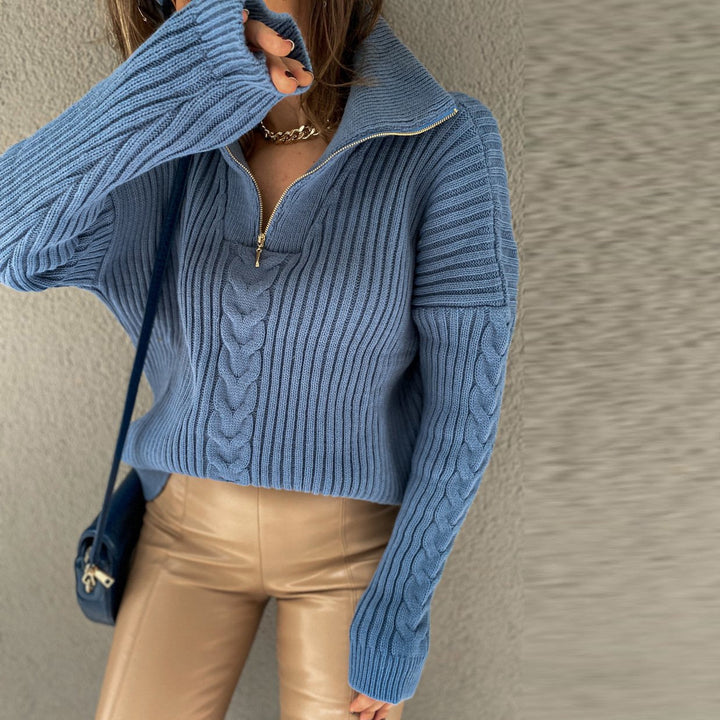 Levoire | Pull À Tresses Confortable Avec Décolleté En V, Col Roulé Et Fermeture Éclair Bleu