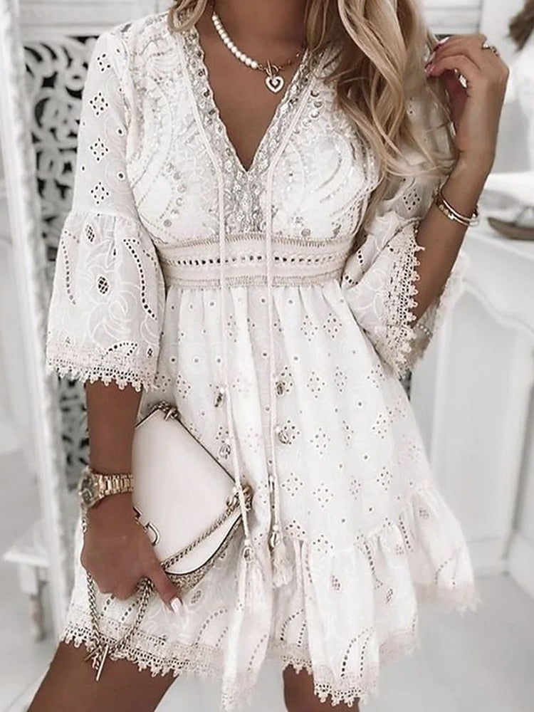 Levoire | Boho Ibiza Robe D'Été Courte Légère & Élégante Blanc