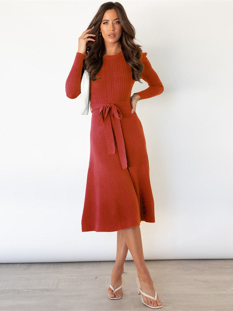 Levoire | Robe Midi Tricotée Élégante Avec Ceinture Pour Femmes Rot
