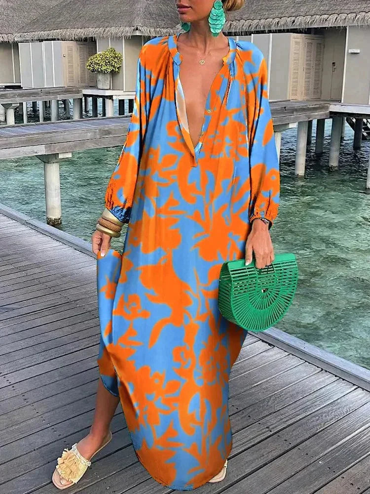 Levoire | Robe Maxi À Manches Longues Bohème Orange
