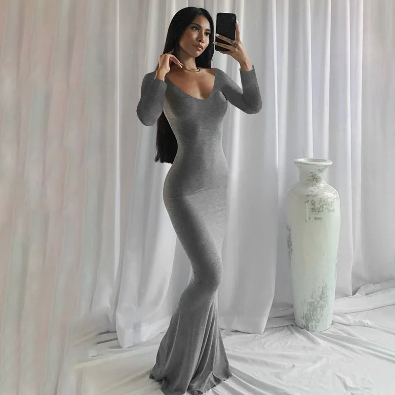 Levoire | Robe Maxi Slim Gris-Manches longues
