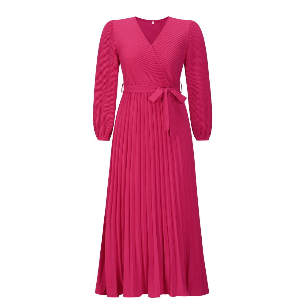 Levoire | Robe Maxi Plissée D'Été À Col V Design Grand Zoom Élégant Rose