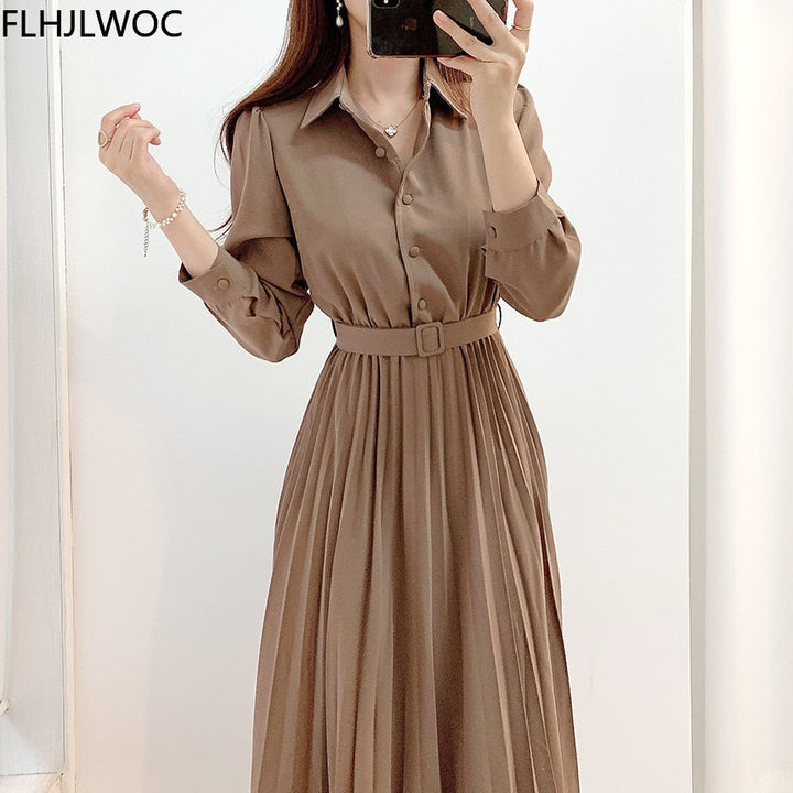 Levoire | Robe Maxi Plissée Taille Haute À Manches Longues Avec Ceinture