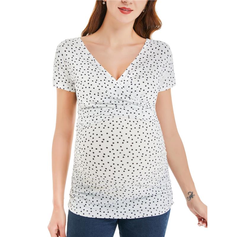 Levoire | T-Shirt Facile À Allaiter Grâce Aux Ouvertures Au Niveau De La Poitrine Blanc à pois noirs manches courtes