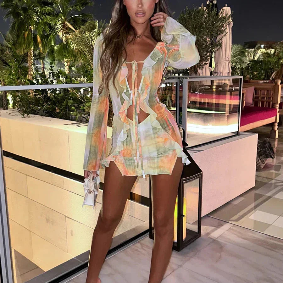 Levoire | Boni Rüsch Tie Dye Robe Mini À Manches Longues