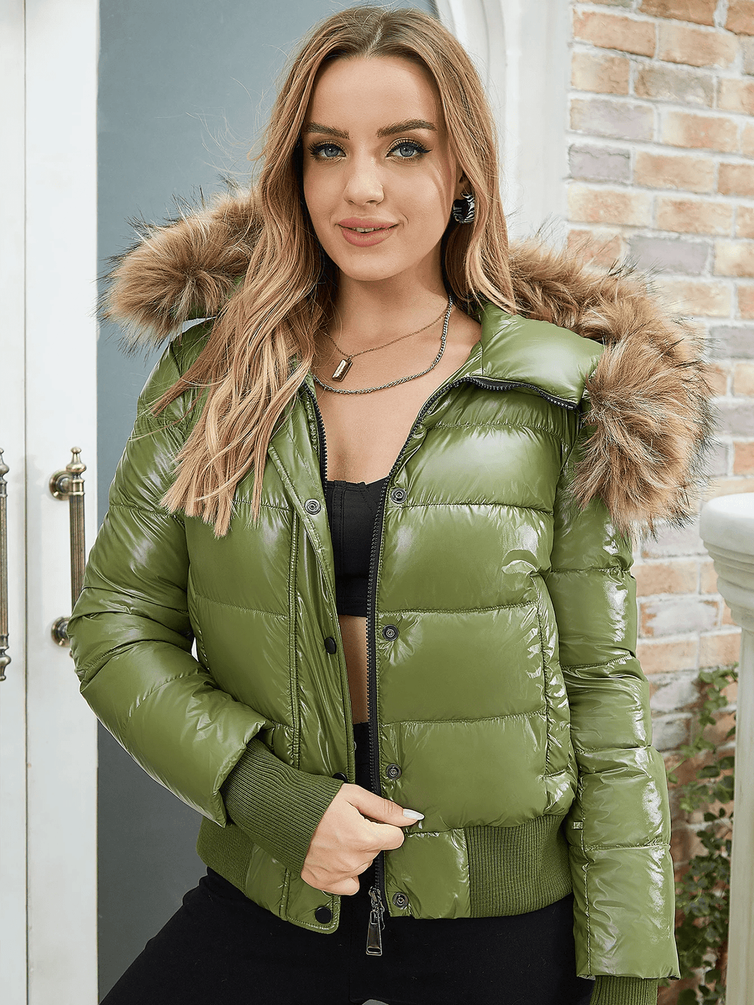 Levoire | Veste À Capuche En Fausse Fourrure À Manches Longues Avec Fermeture Éclair Vert