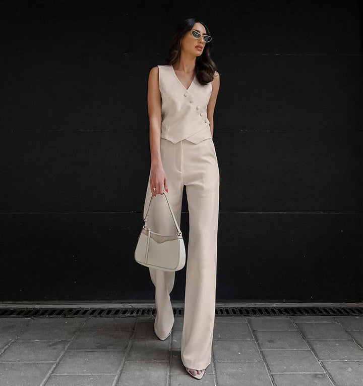 Levoire | Femme Costume En Lin Top Sans Manches & Pantalon Ample Beige
