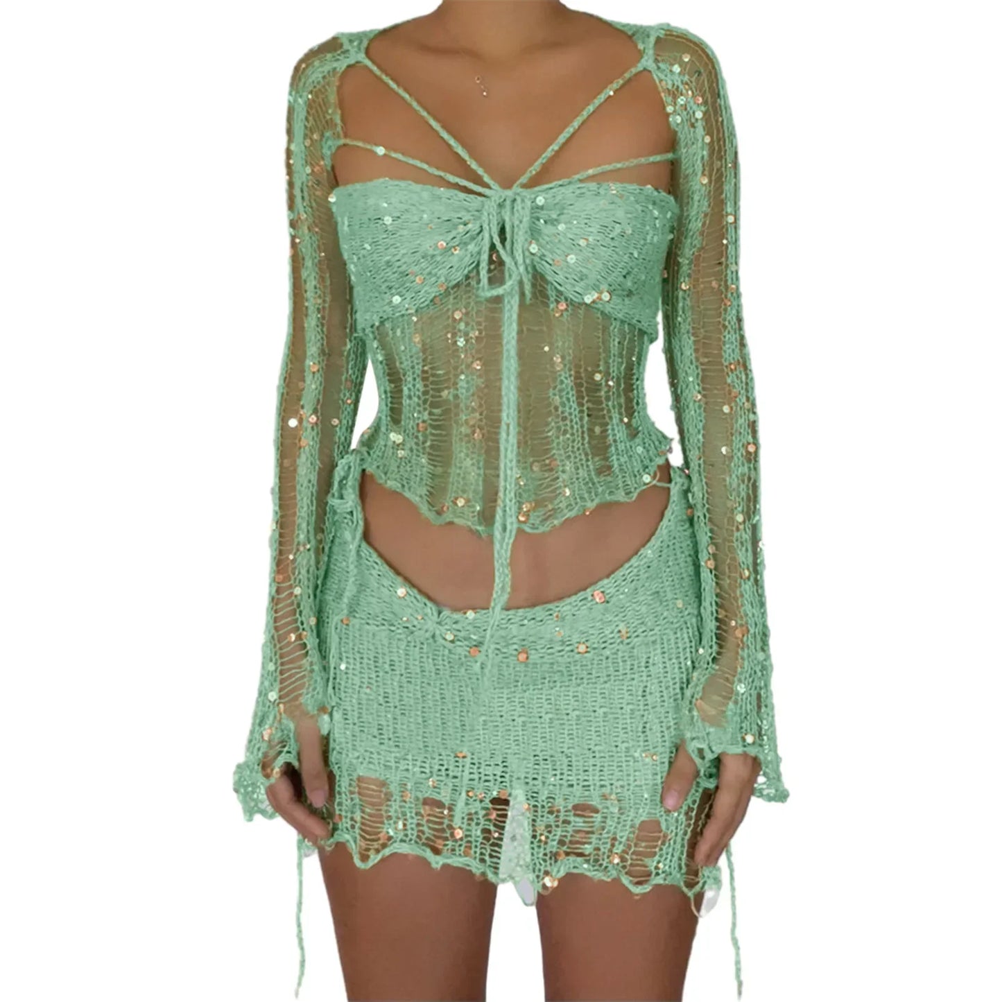 Levoire | Top Crop Tricot À Paillettes En Crochet Et Mini Jupe Co Ord Set Vert