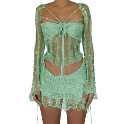 Levoire | Top Crop Tricot À Paillettes En Crochet Et Mini Jupe Co Ord Set Vert