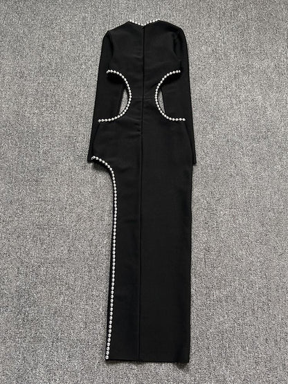 Levoire | Noir O-Top Découpe Perle Décoré Robe Longue