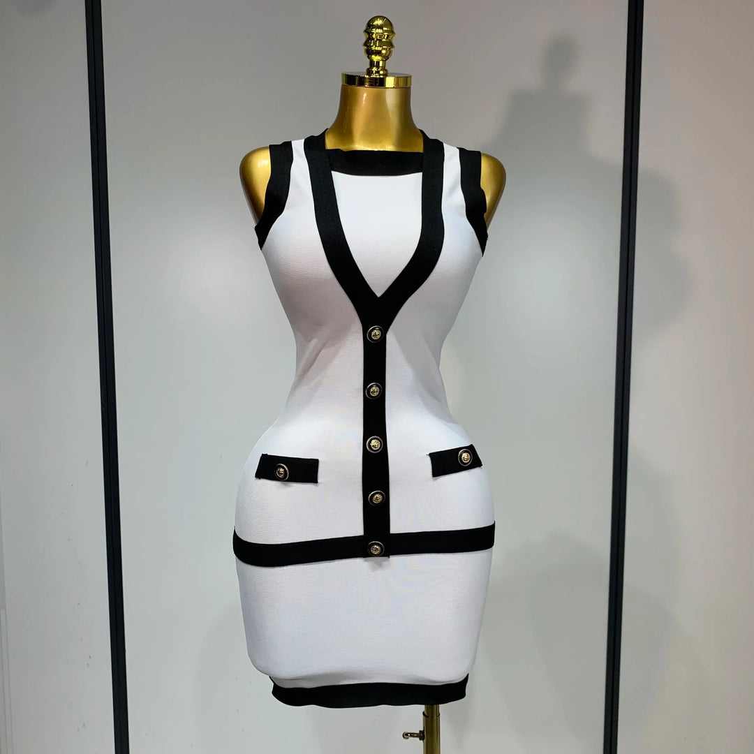 Levoire | Sexy Dos Nu Noir Blanc Bouton Mini Bandage Robe Courte