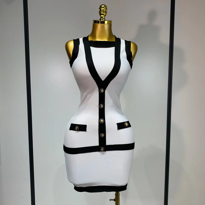 Levoire | Sexy Dos Nu Noir Blanc Bouton Mini Bandage Robe Courte