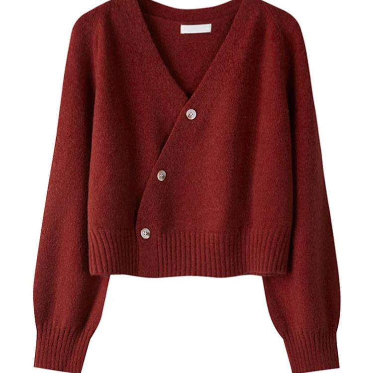 Levoire | Merino Laine Pull En Cachemire À Manches Longues V Col Avec Boutons Invisibles Rot Une taille