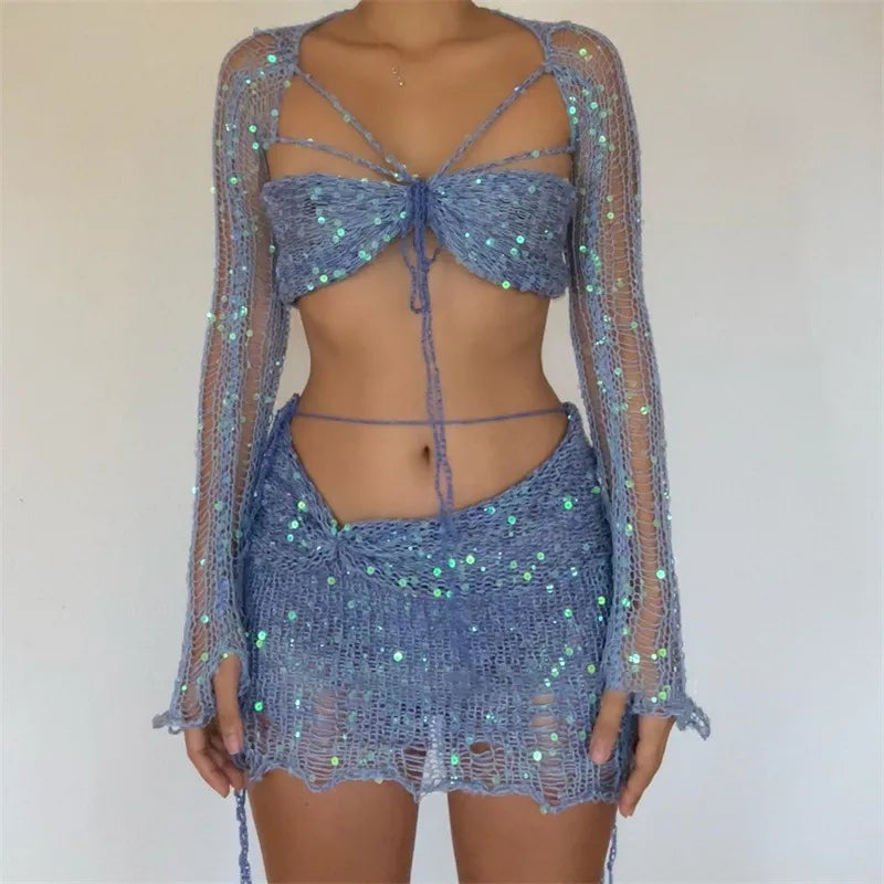 Levoire | Top Court À Manches Longues En Crochet Pailleté Et Jupe Moulante Mini Ensemble À Deux Pièces Bleu