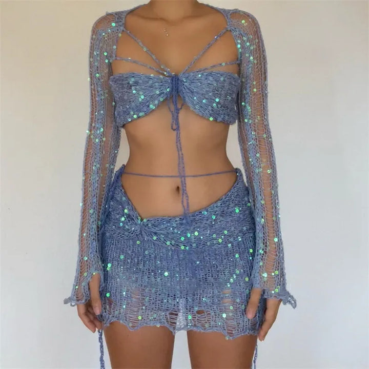 Levoire | Top Court À Manches Longues En Crochet Pailleté Et Jupe Moulante Mini Ensemble À Deux Pièces Bleu