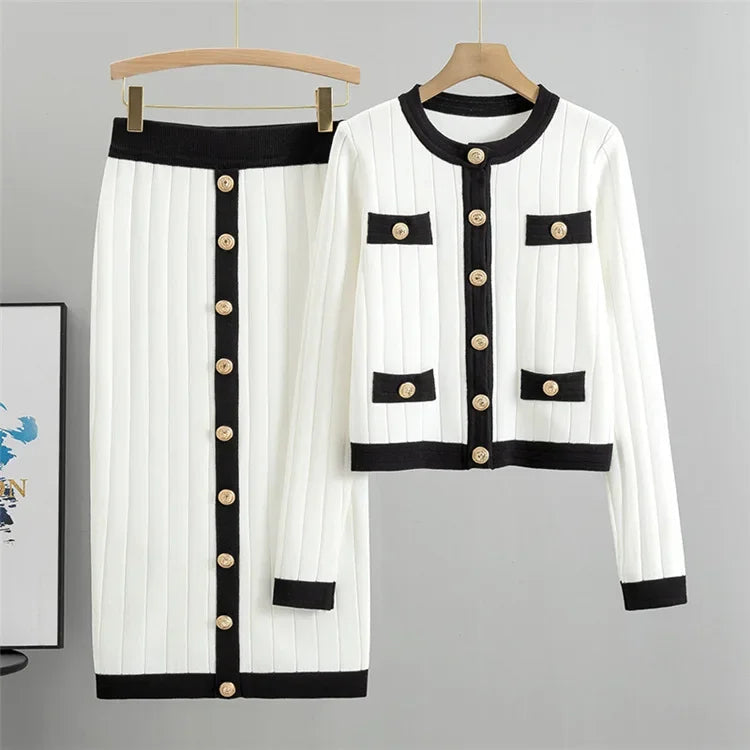 Levoire | Pull À Manches Longues Avec Jupe En Tricot Boutons Dorés Ensemble Dépareillé Blanc