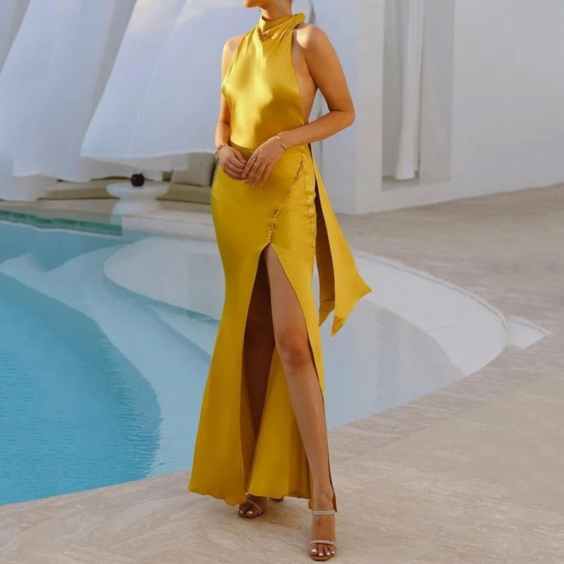 Levoire | Robe Maxi Dos Nu Caleçon À Halter Gull Kauffe Gull