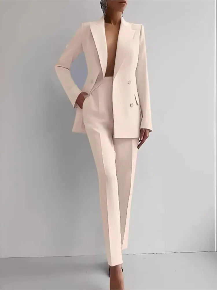 Levoire | Veste À Col Enveloppant À Manches Longues, Pantalon À Jambes Larges, Ensemble Deux Pièces Abricot
