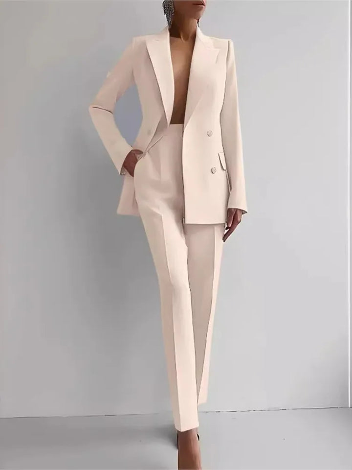 Levoire | Veste À Col Enveloppant À Manches Longues, Pantalon À Jambes Larges, Ensemble Deux Pièces Abricot