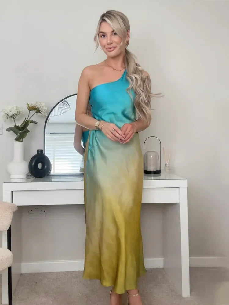 Levoire | Robe Longue Élégante Dégradée Couleur Épaule Unique