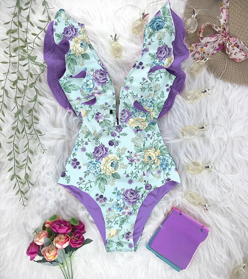 Levoire | Maillot Une Pièce Volanté Floral Vert