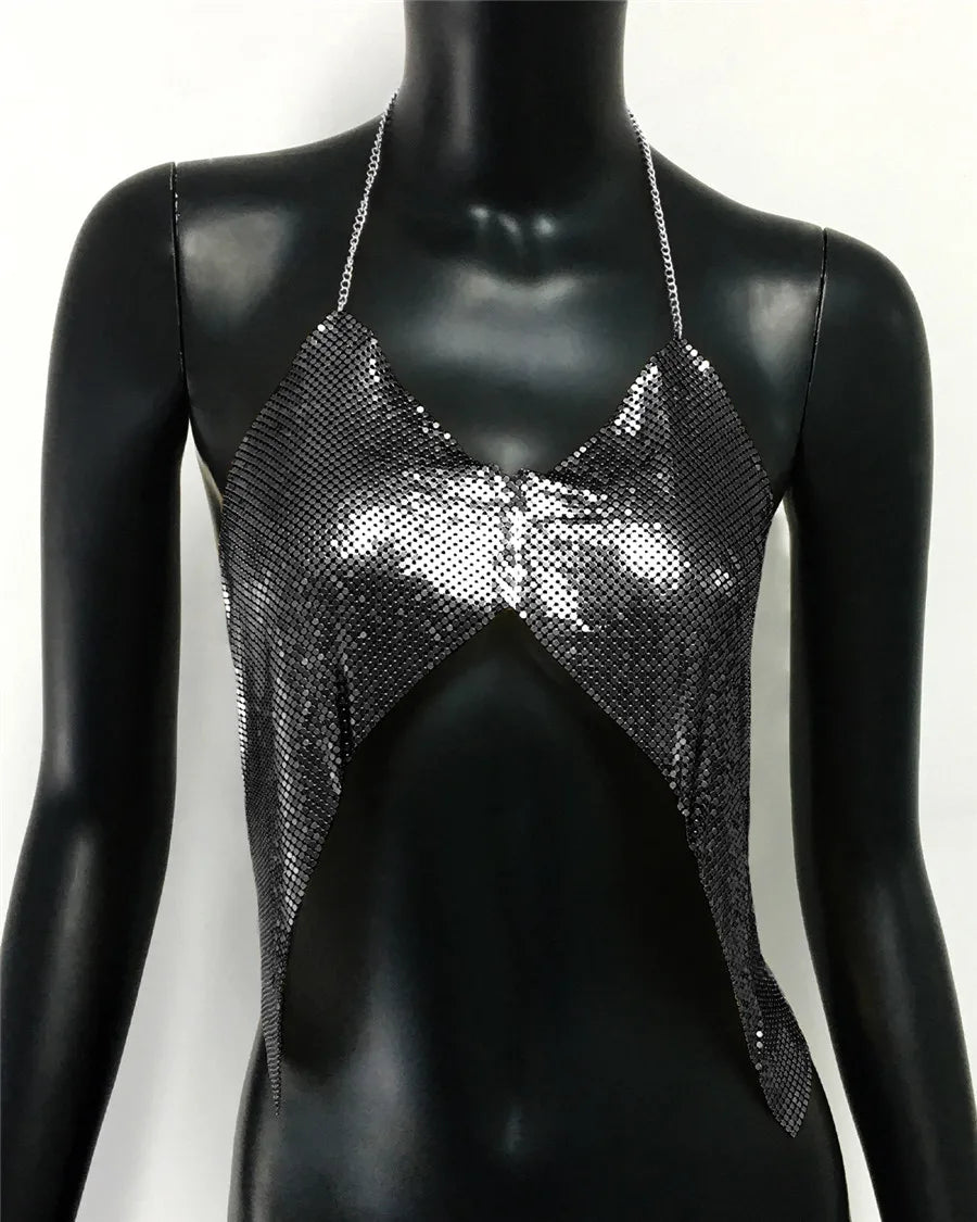 Levoire | Haut Coupe Halter À Paillettes Métalliques Noir Taille unique
