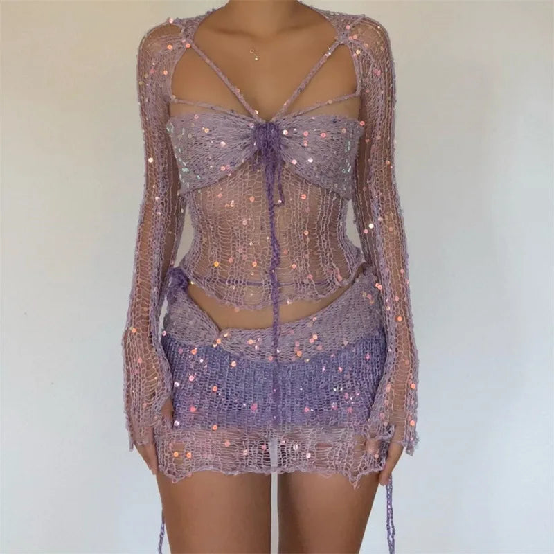 Levoire | Top Court À Manches Longues En Crochet Pailleté Et Jupe Moulante Mini Ensemble À Deux Pièces Lilas clair