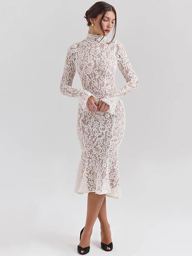 Levoire | Robe Midi Élégante En Dentelle Avec Col Montant