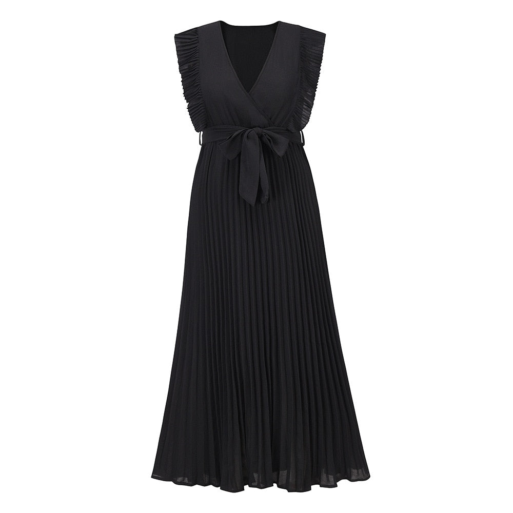 Levoire | Robe Été Sans Manches V-Cou Maxi Plissée Ceinture Noir