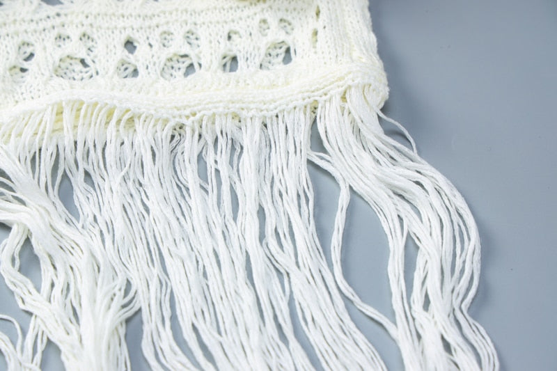 Levoire | Robe Maxi Dénudée À Franges En Tricot À Manches Longues