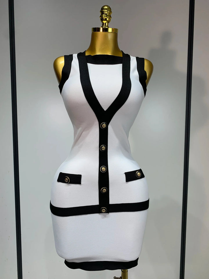 Levoire | Sexy Dos Nu Noir Blanc Bouton Mini Bandage Robe Courte WEISS