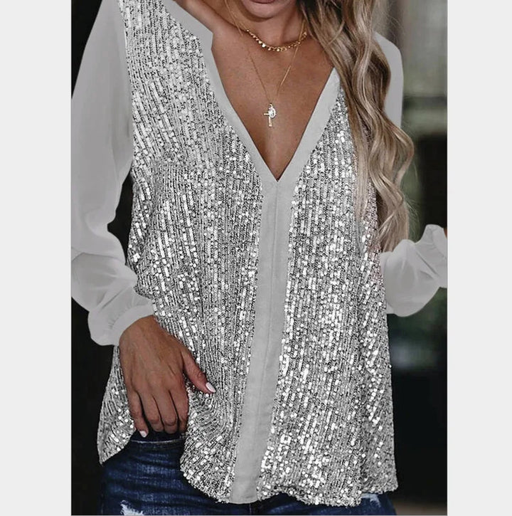 Levoire | Blouse Tombante Avec Décolleté En V Et Sequins Pour Femmes Gris