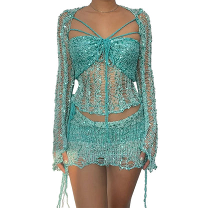 Levoire | Top Crop Tricot À Paillettes En Crochet Et Mini Jupe Co Ord Set Voir Blau