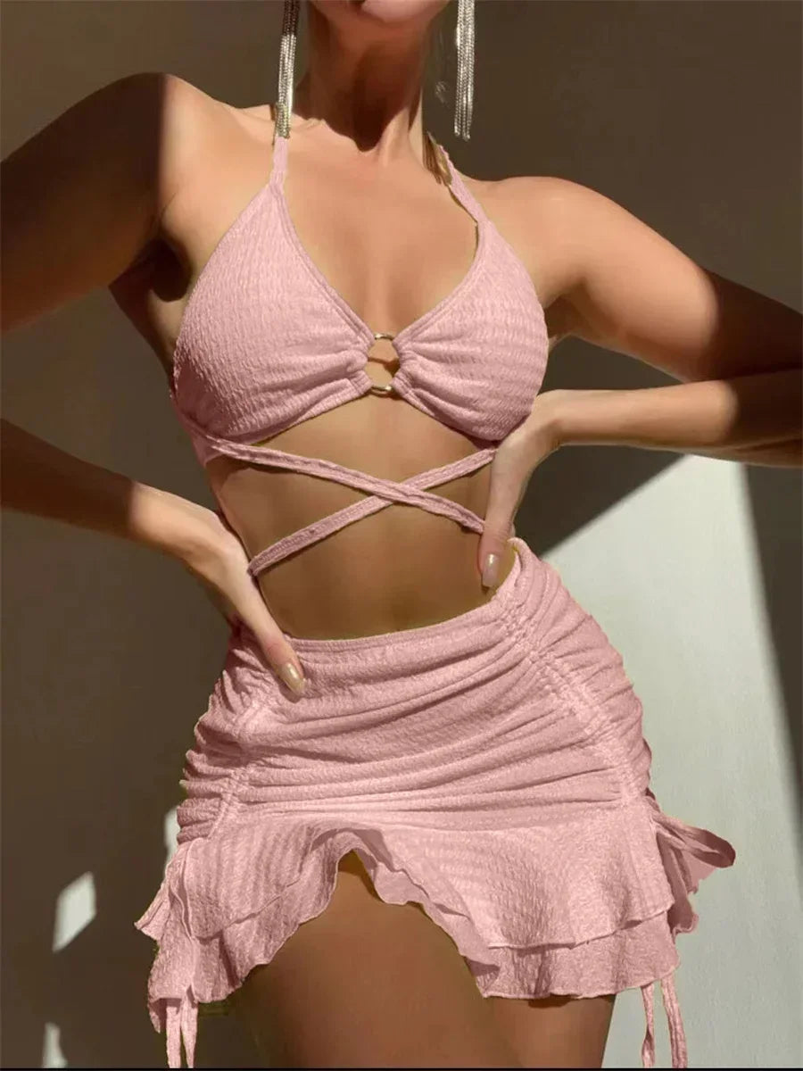 Levoire | Bikini Et Short À Volants Ensemble 3 Pièces Rosa