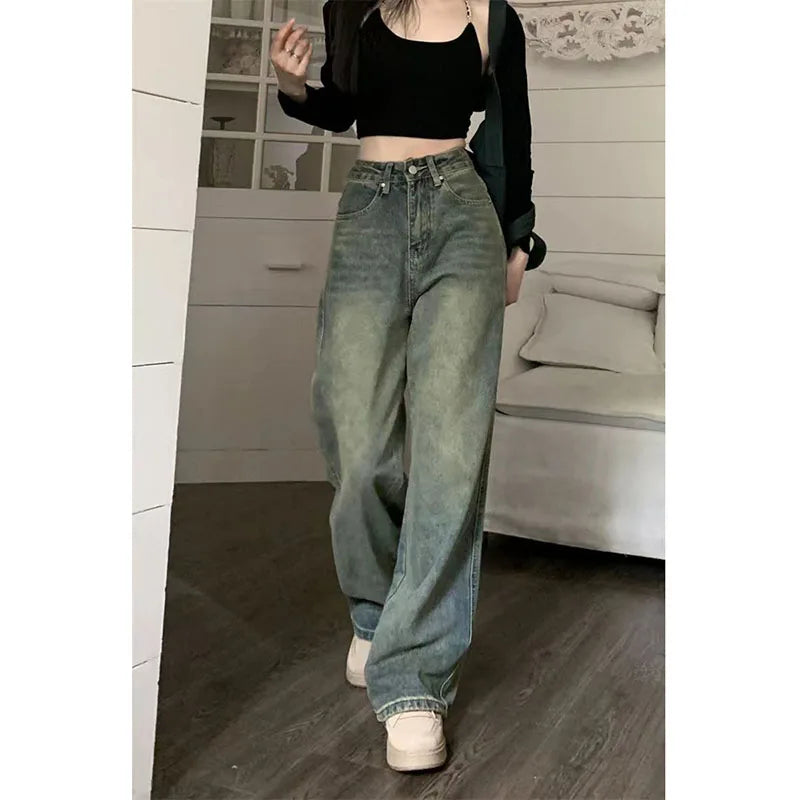 Levoire | Jean Taille Haute Décontractée Et Large Vin Vintage Avec Jambes Larges Pour Femmes Bleu