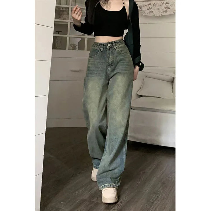 Levoire | Jean Taille Haute Décontractée Et Large Vin Vintage Avec Jambes Larges Pour Femmes Bleu