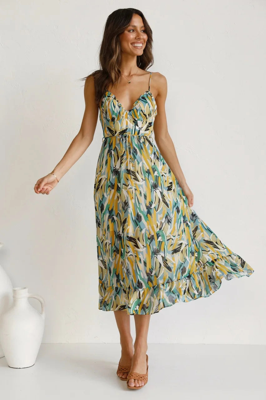 Levoire | Robe Midi Florale À Bretelles Spaghetti Pour Femmes Vert Jaune