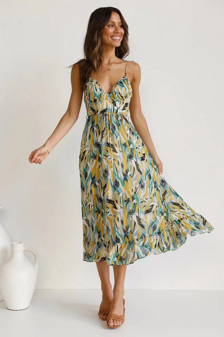 Levoire | Robe Midi Florale À Bretelles Spaghetti Pour Femmes Vert Jaune